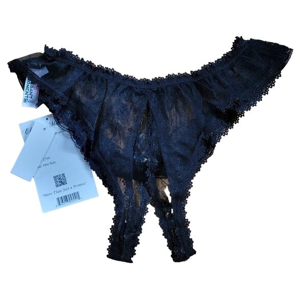 Elegant Moments Black Floral Lace Crotchless Panties One Size Pink Rose Accent - Picture 8 of 11